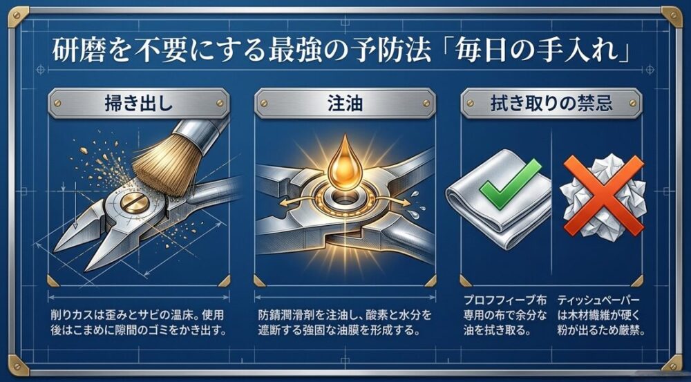 隙間のゴミの掃き出し、防錆潤滑剤の注油、そしてティッシュペーパーを禁忌とする専用布での拭き取りという、日常のメンテナンス手順を示すスライド。