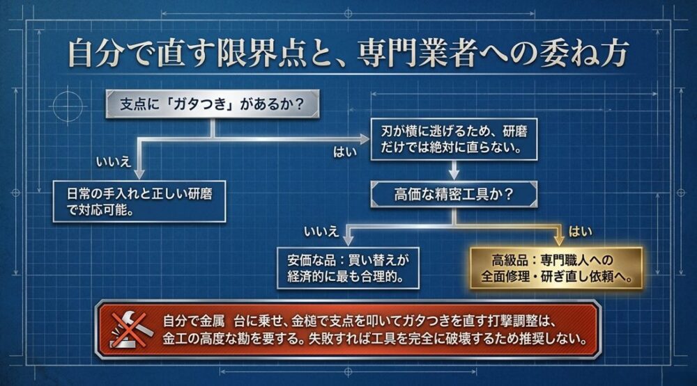 支点のガタつきの有無や工具の価格から、日常の手入れ、買い替え、または専門職人への依頼を判断するフローチャートのスライド