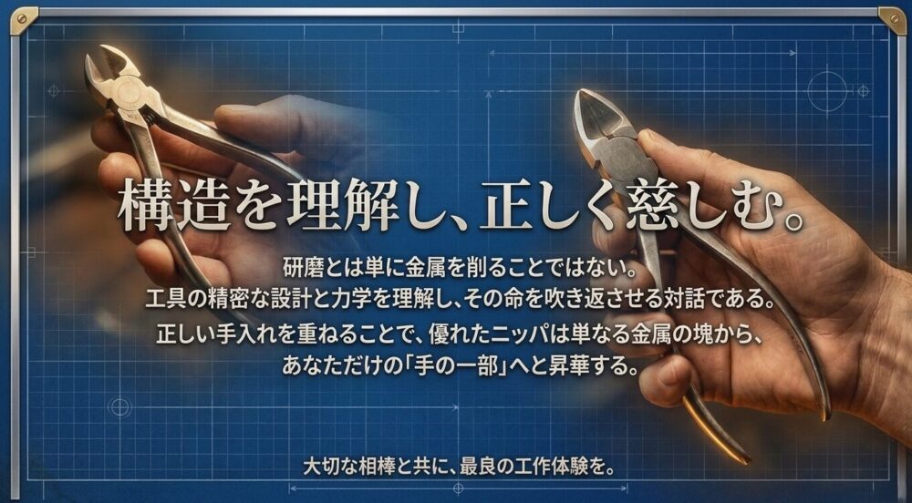 構造を理解し正しい手入れを重ねることで、優れたニッパは単なる金属の塊から「手の一部」へと昇華するというメッセージが書かれた結びのスライド