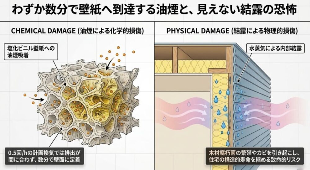 0.5回/hの計画換気では排出が間に合わず塩化ビニル壁紙へ油煙が吸着する様子と、水蒸気による内部結露がもたらす構造的寿命へのリスクを図解したスライド。