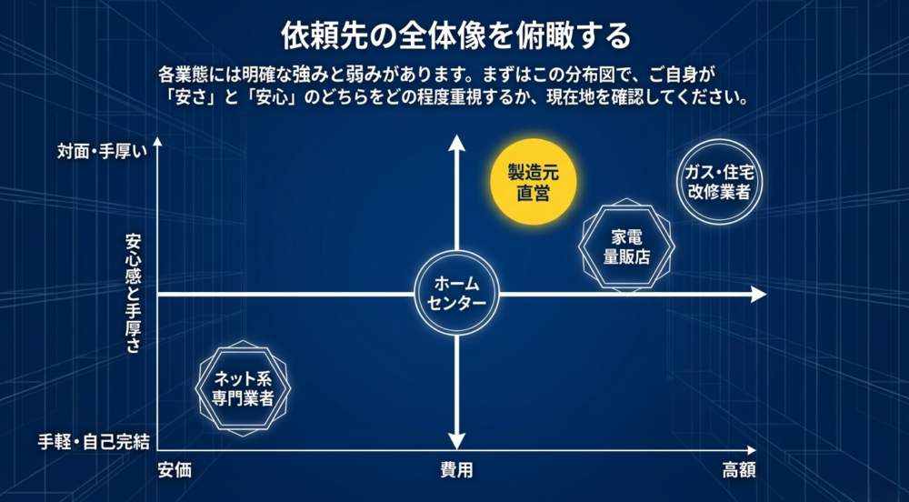 ネット系専門業者、ホームセンター、家電量販店、ガス・住宅改修業者、製造元直営店の5つの依頼先を、「安価・高額」「手軽・自己完結・対面・手厚い」の2軸で比較し、現在地を確認するためのマトリクス図。