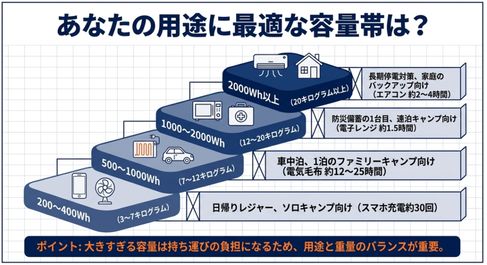 200Whから2000Wh以上まで、日帰りレジャーから長期停電対策までの用途別に最適な容量帯を示した階段状の図解