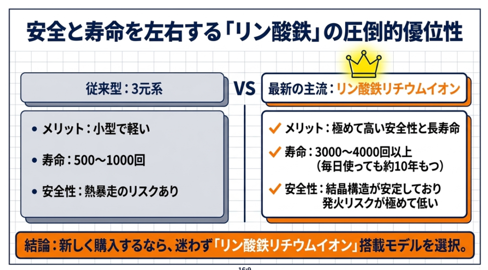 従来型の3元系バッテリーと最新主流のリン酸鉄リチウムイオン電池の寿命と安全性を比較した図