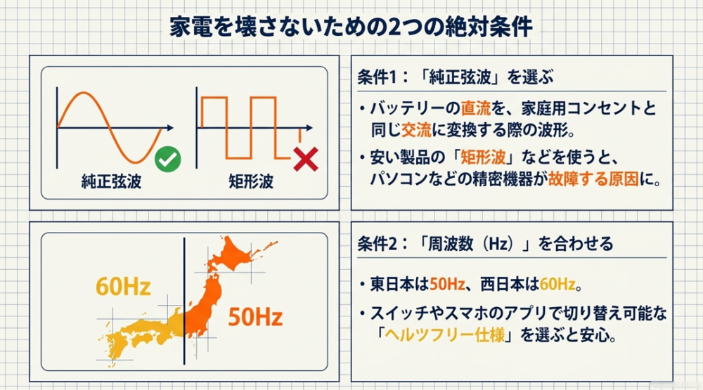 家電を壊さないための絶対条件として、「純正弦波」の波形と、東日本・西日本の「周波数（Hz）」マップを説明した図