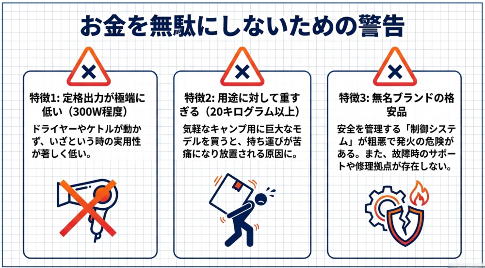 お金を無駄にしないための警告として、極端に低い定格出力、用途に対して重すぎる重量、無名ブランドの格安品という3つの特徴を挙げた図解
