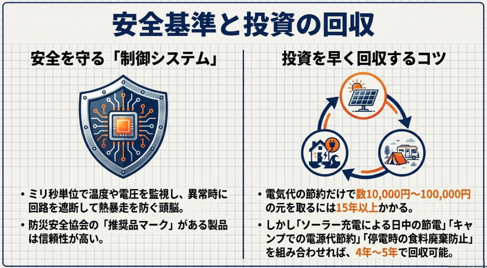 安全を守る制御システム（BMS）の盾のイラストと、ソーラー充電やキャンプ活用で投資を早く回収するサイクルを示した図解