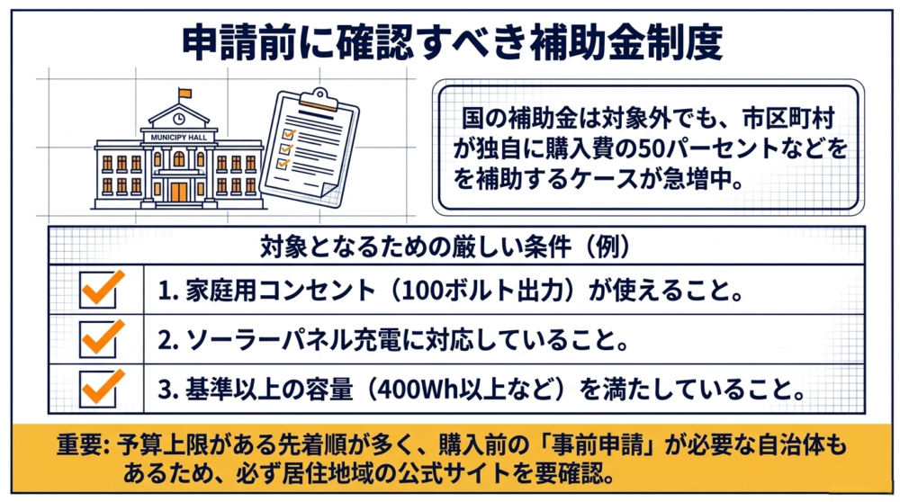 市区町村の補助金制度を利用するための、家庭用コンセント対応、ソーラー充電対応、基準以上の容量といった厳しい条件例をまとめた図