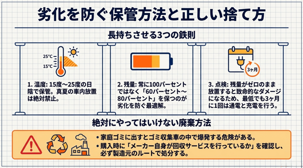 バッテリーを長持ちさせるための温度・残量・3ヶ月ごとの点検という3つの鉄則と、家庭ゴミに出してはいけないという廃棄方法の警告図