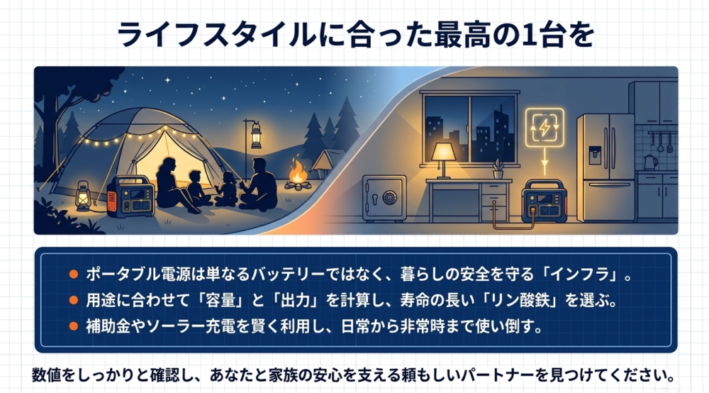 キャンプでの利用と室内での防災利用のシーンを描き、暮らしの安全を守るインフラとしての価値をまとめた結論のスライド画像