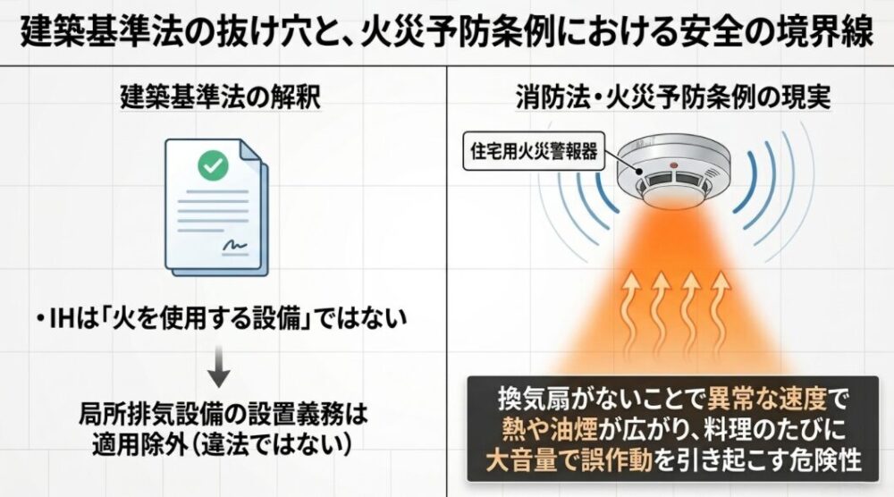 IHが建築基準法上の火を使用する設備に該当せず設置義務が適用除外となる点と、火災予防条例における住宅用火災警報器の誤作動リスクについてまとめたスライド。