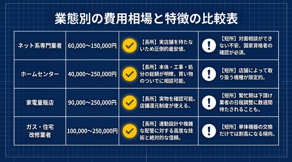ネット系専門業者、ホームセンター、家電量販店、ガス・住宅改修業者の4業態について、6万円から25万円までの費用相場と、それぞれの長所・短所をまとめた比較表。