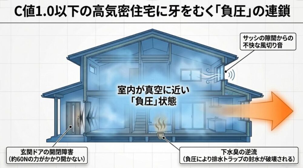 室内が真空に近い負圧状態になることで発生するサッシからの風切り音、玄関ドアの開閉障害、下水臭の逆流といったトラブルを図解したスライド。