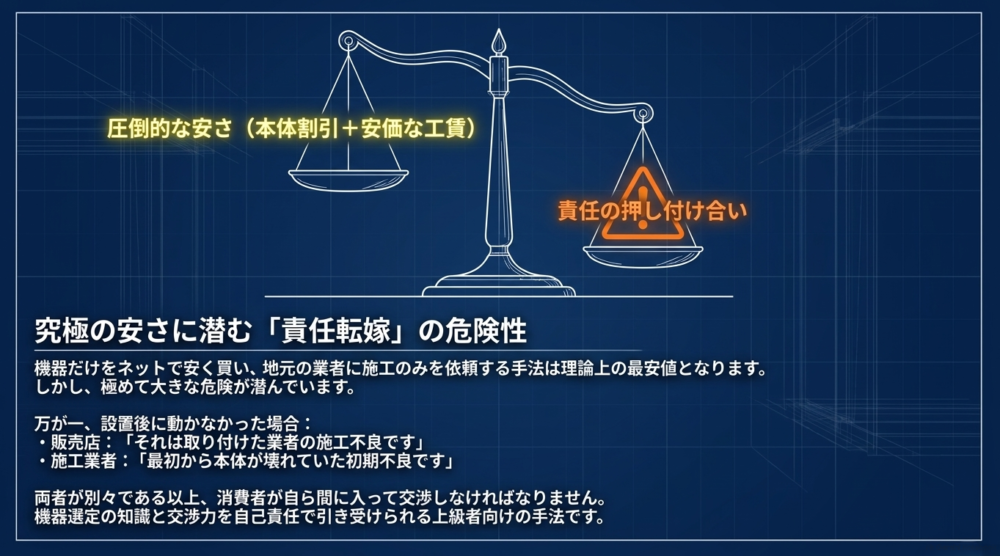 本体割引と安価な工賃による圧倒的な安さの裏に、万が一の設置不良時に販売店と施工業者の間で責任の押し付け合いが発生するリスクがあることを、天秤のイラストで表現したスライド。