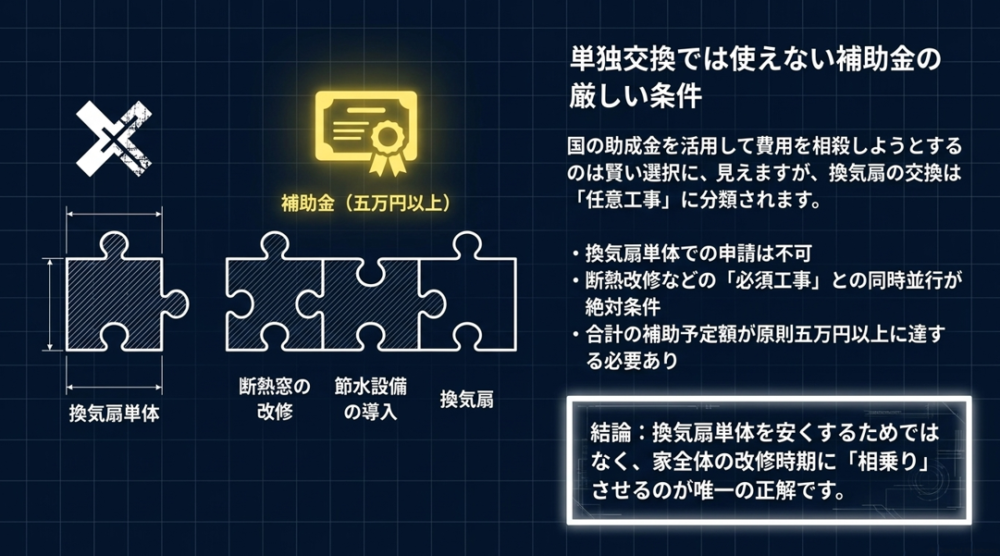 換気扇の交換は任意工事のため単体では補助金申請が不可であり、断熱窓の改修や節水設備の導入などの必須工事と同時並行で行う必要があることを解説したスライド。