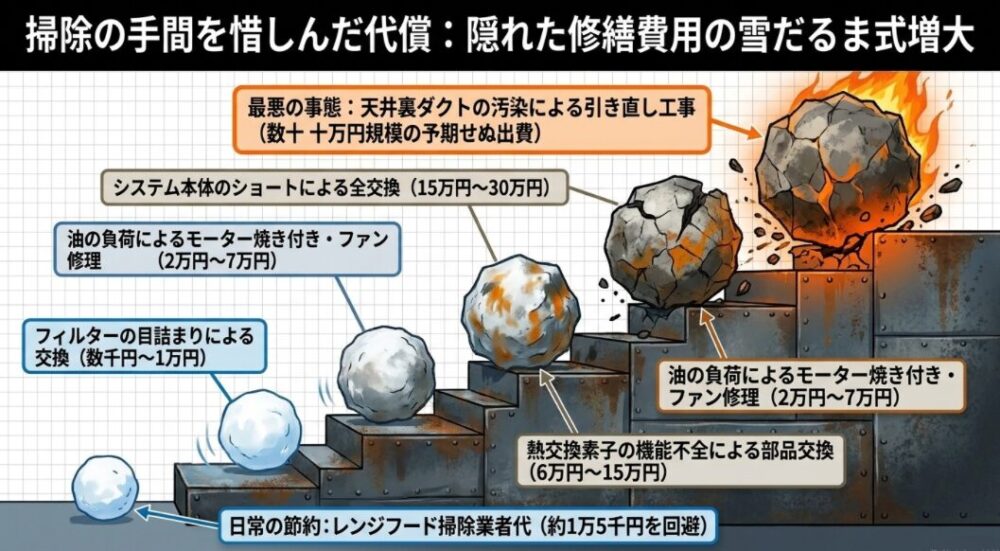 フィルター交換から始まり、モーター焼き付き、素子の機能不全、システム全交換、数十万円規模のダクト引き直し工事へと雪だるま式に増大する修繕費用を示した図。
