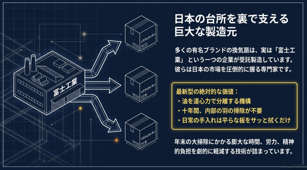 多くの有名ブランドの換気扇を裏で受託製造している富士工業の工場から、様々なシステムキッチンへ製品が出荷される様子を描いたイラスト。油を遠心力で分離する機構なども紹介されている。