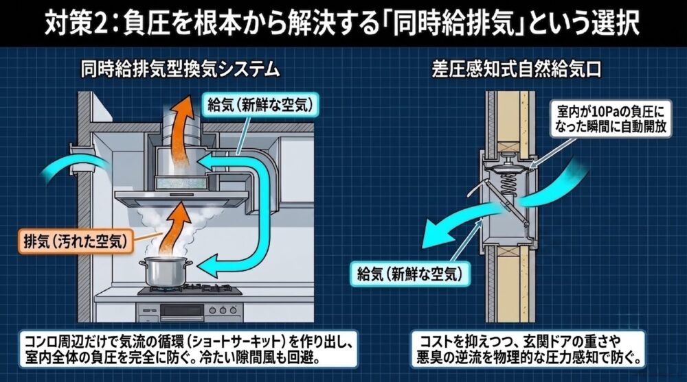 給気と排気を同時に行いコンロ周辺だけで気流を循環させる同時給排気型換気システムと、室内が負圧になった瞬間に自動開放する差圧感知式自然給気口の図解。