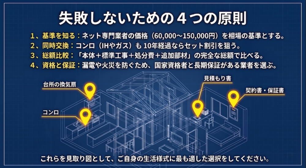 レンジフード交換の業者を選ぶための4つの原則（基準を知る、同時交換、総額比較、資格と保証）を、台所の換気扇や火器の位置を示した家屋の見取り図とともにまとめたスライド。