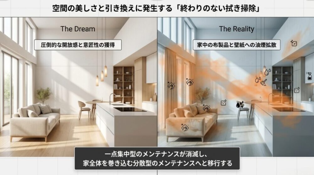 レンジフードがないキッチンにおける圧倒的な開放感という理想と、家中の布製品や壁紙への油煙拡散という現実を比較し、分散型メンテナンスへの移行を示すスライド。