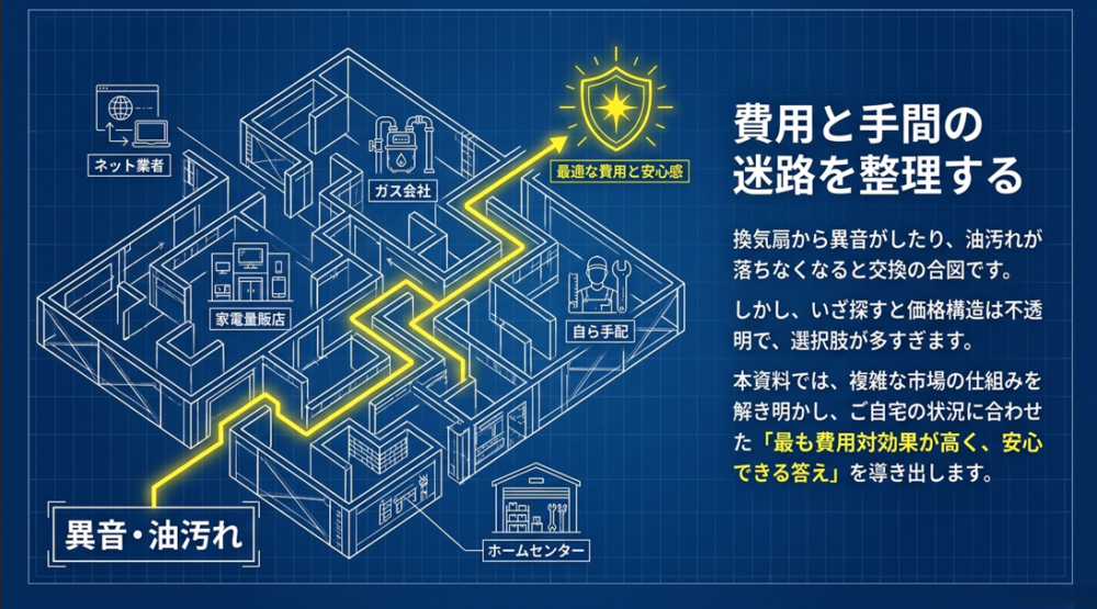 ネット業者、家電量販店、ホームセンター、ガス会社など、換気扇交換の依頼先の選択肢が多すぎる現状を整理し、自宅の状況に合わせた費用対効果が高く安心できる答えを導き出すことを説明したスライド。