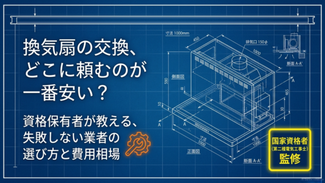 第二種電気工事士が監修する、換気扇の交換を一番安く頼むための業者の選び方と費用相場のタイトルスライド。背景には寸法の入ったレンジフードの図面が描かれている。