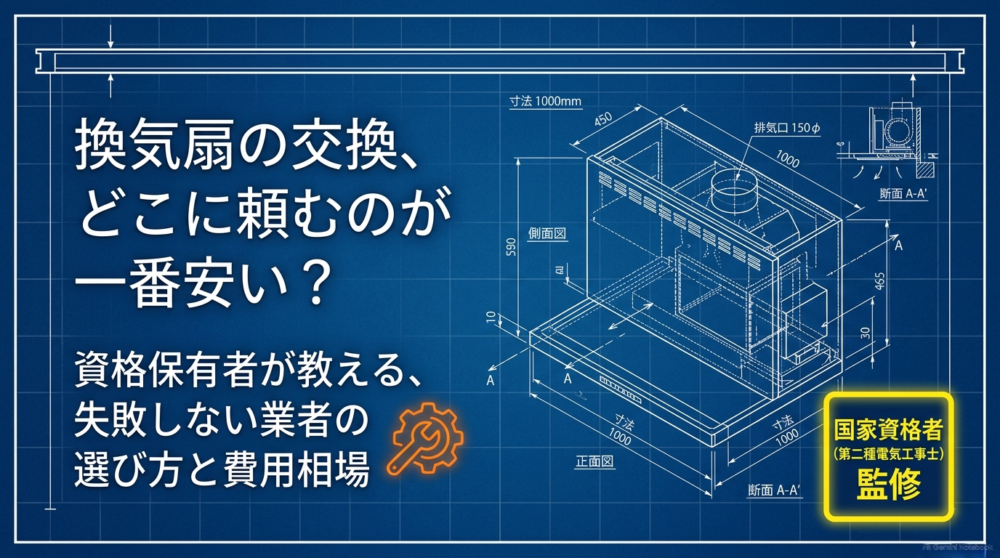 第二種電気工事士が監修する、換気扇の交換を一番安く頼むための業者の選び方と費用相場のタイトルスライド。背景には寸法の入ったレンジフードの図面が描かれている。