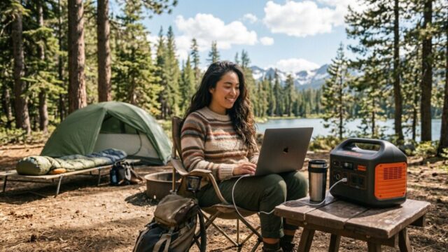 キャンプ先でポータブル電源を接続しパソコンを使用している女性の画像