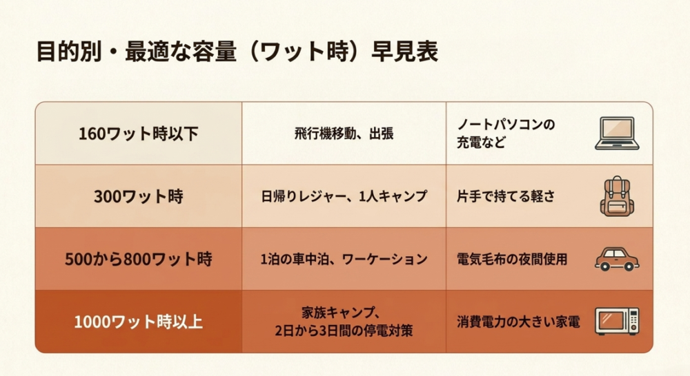 ポータブル電源の目的別・最適な容量（ワット時）早見表。160Wh以下、300Wh、500〜800Wh、1000Wh以上の4段階で用途を分類