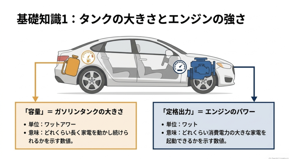 ポータブル電源の容量をガソリンタンクの大きさに、定格出力をエンジンのパワーに例えた図解