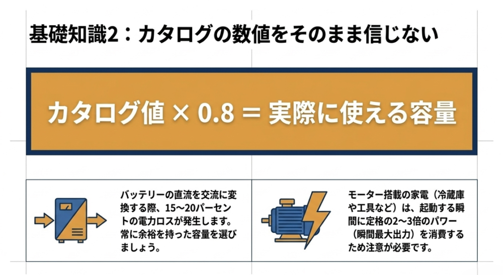 インバーターの変換ロスによる実効容量の計算式と、モーター搭載家電の起動時に必要な瞬間最大出力の解説