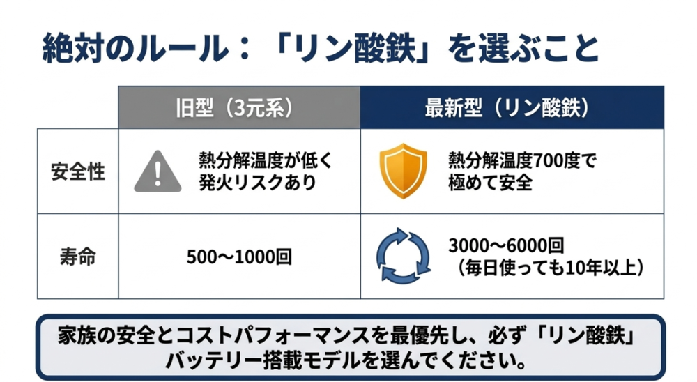 旧型の三元系バッテリーと最新型のリン酸鉄バッテリーの安全性およびサイクル寿命の比較表