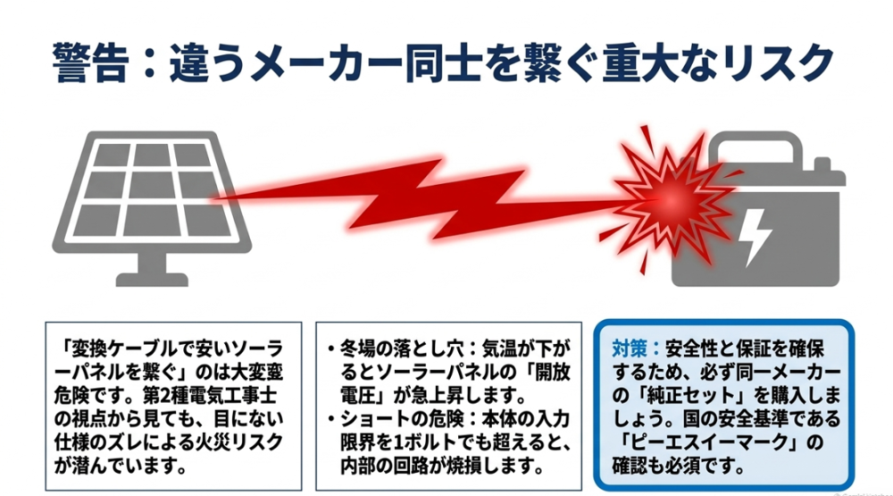 開放電圧の上昇によるショートや火災の危険性と、同一メーカーの純正セットを選ぶ重要性