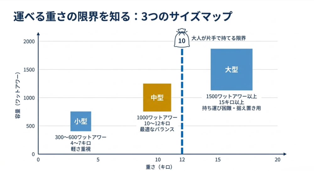 小型、中型、大型のポータブル電源における、容量と重さのバランスや持ち運べる限界の目安を示すグラフ