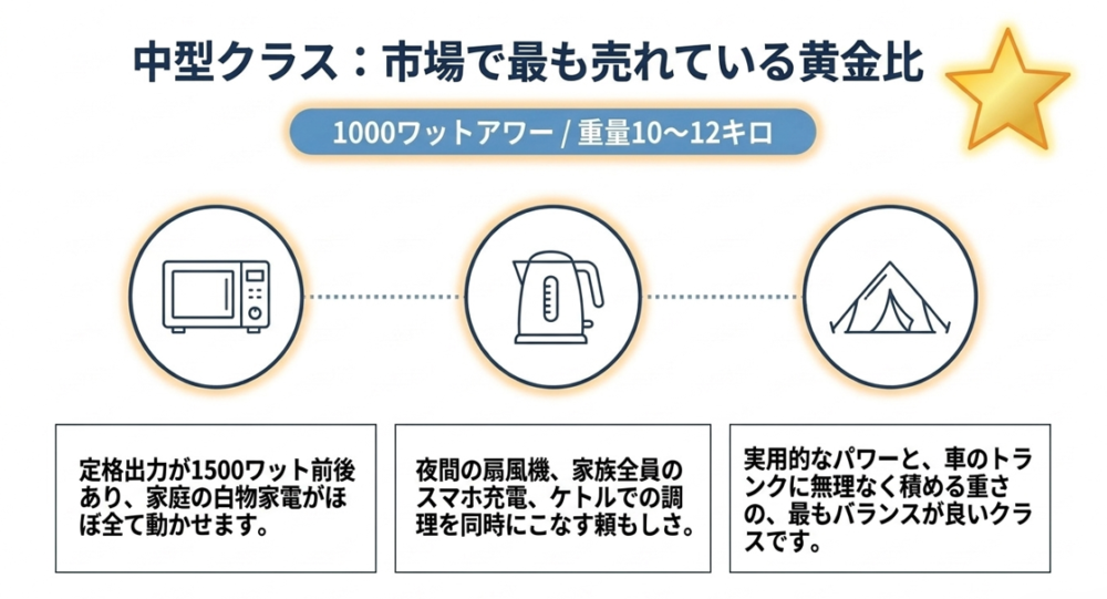 1000Whの中型ポータブル電源が、ファミリーキャンプや家庭の防災用として最もバランスが良い理由