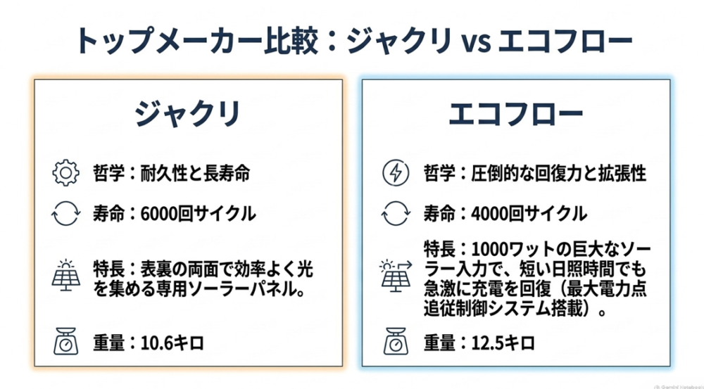 Jackeryの耐久性・長寿命と、EcoFlowの回復力・拡張性といった各メーカーの哲学や特長の比較