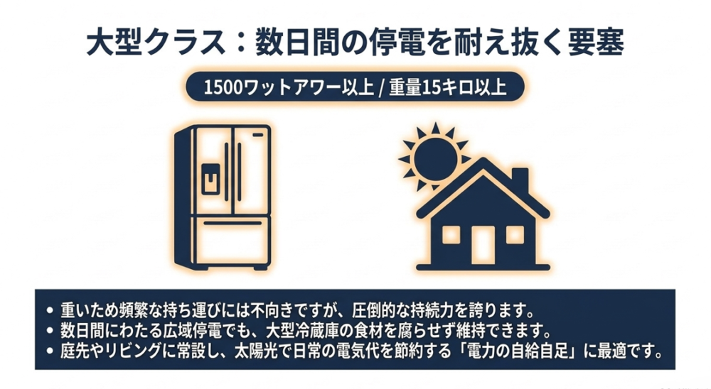 1500Wh以上の大型ポータブル電源が、数日間の停電対策やプチ・オフグリッドに適している理由