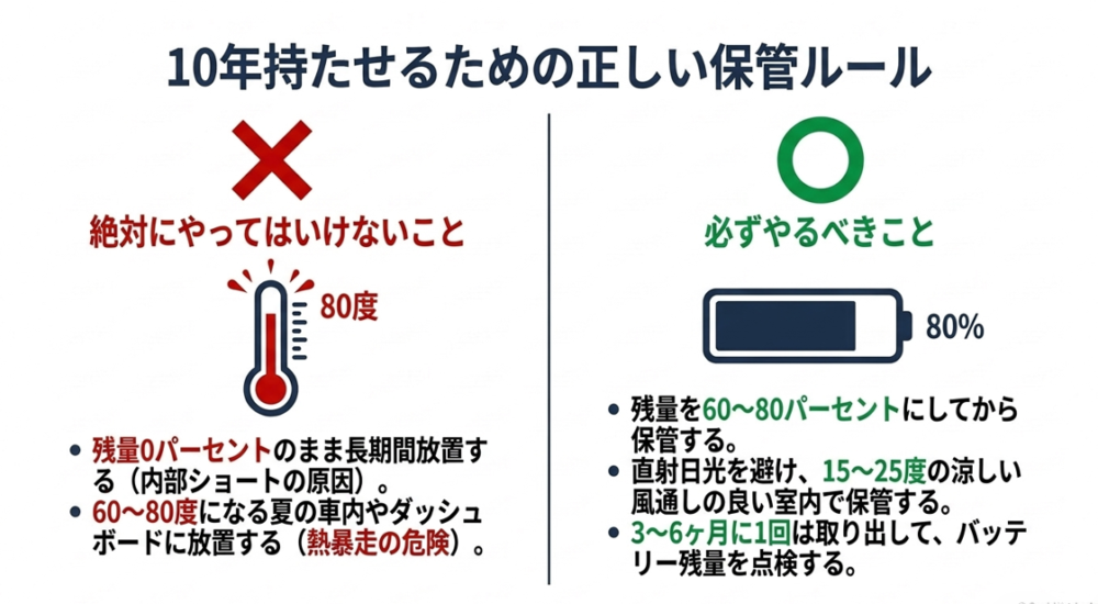 ポータブル電源を10年長持ちさせるための、残量0%放置や高温放置を避けるNG行動と、最適な保管状態のルール