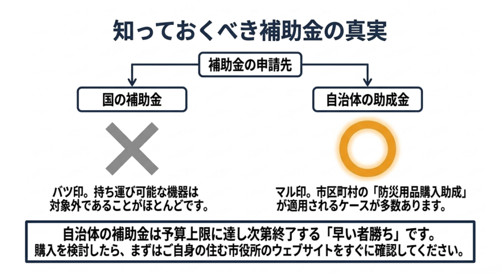国の補助金は定置型が対象であることと、自治体の防災用品購入助成を活用する際の注意点