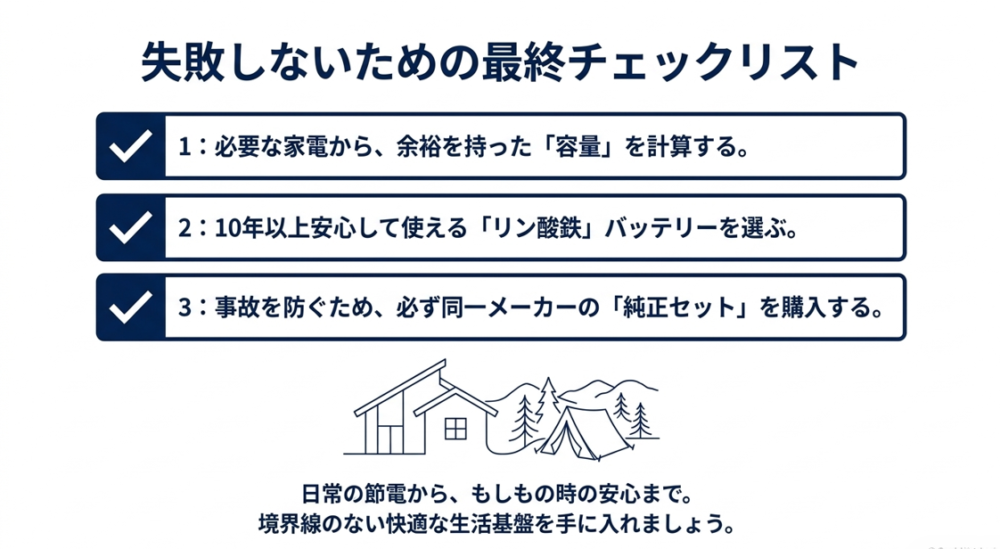 容量の計算、リン酸鉄バッテリーの選択、純正セットの購入というポータブル電源選びで失敗しないための3つのポイント