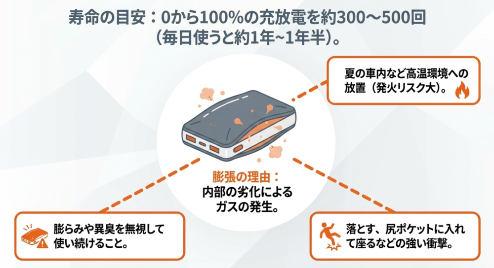 充放電約300〜500回という寿命の目安や、内部の劣化によるガスの発生が膨張の理由であること、夏の車内放置などの危険な使い方を警告するスライド