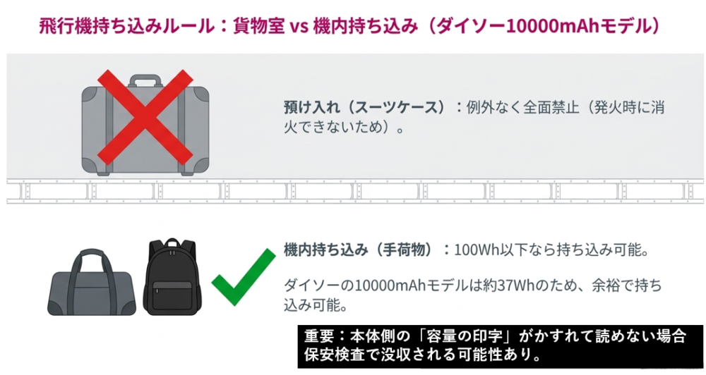 モバイルバッテリーは預け入れ全面禁止であり、100Wh以下（ダイソー10000mAhモデルは約37Wh）なら機内持ち込み可能であることの解説図
