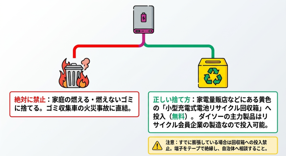 家庭ゴミへの廃棄は厳禁であり、家電量販店などの小型充電式電池リサイクル回収箱へ投入する正しい捨て方を示すスライド