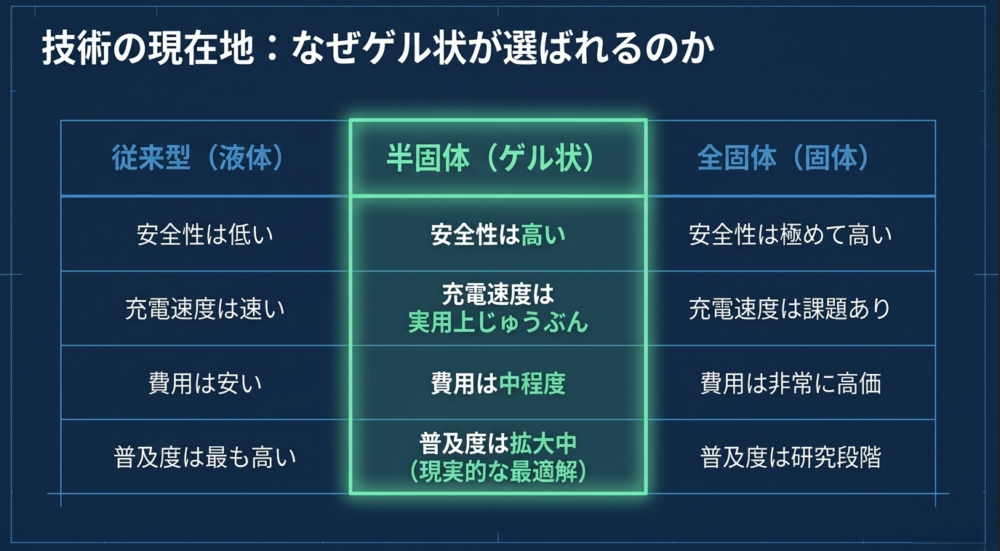 従来型の液体、半固体のゲル状、全固体の電池について、安全性や充電速度、費用などを比較した表