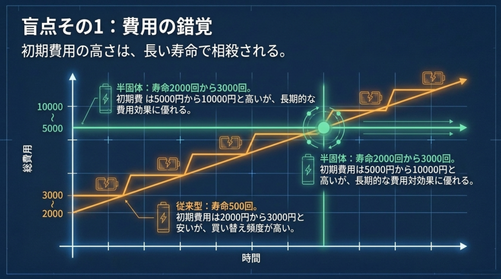 半固体電池と従来型電池の寿命の違いにより、長期的な総費用が逆転することを示すグラフ