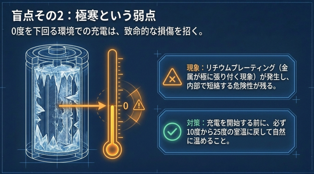 氷点下で凍結した電池内部のイラストと、金属が極に張り付く現象の危険性を解説したスライド