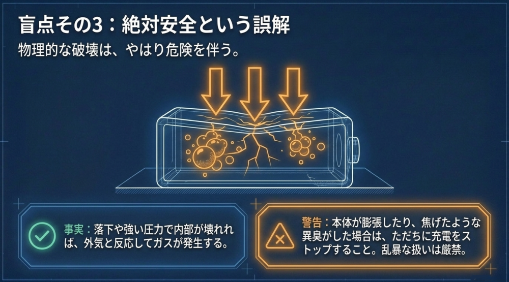 外部からの圧力で変形した電池内部でガスが発生し、膨張している様子を描いたイラスト