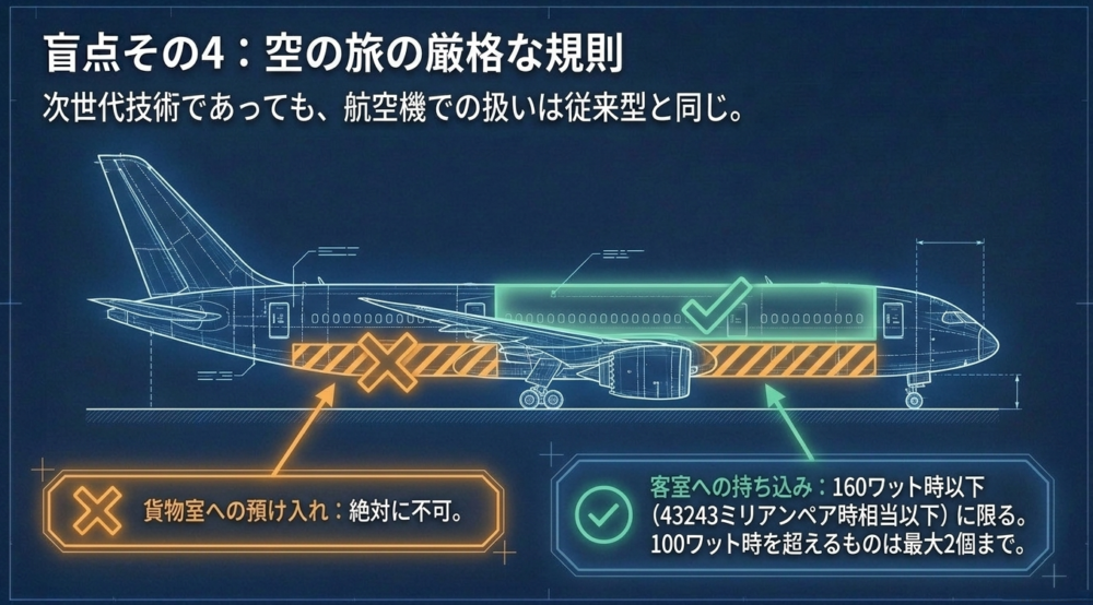 飛行機のイラストとともに、預け入れ不可や160Wh以下といった航空機での厳格な取り扱いルールを解説したスライド