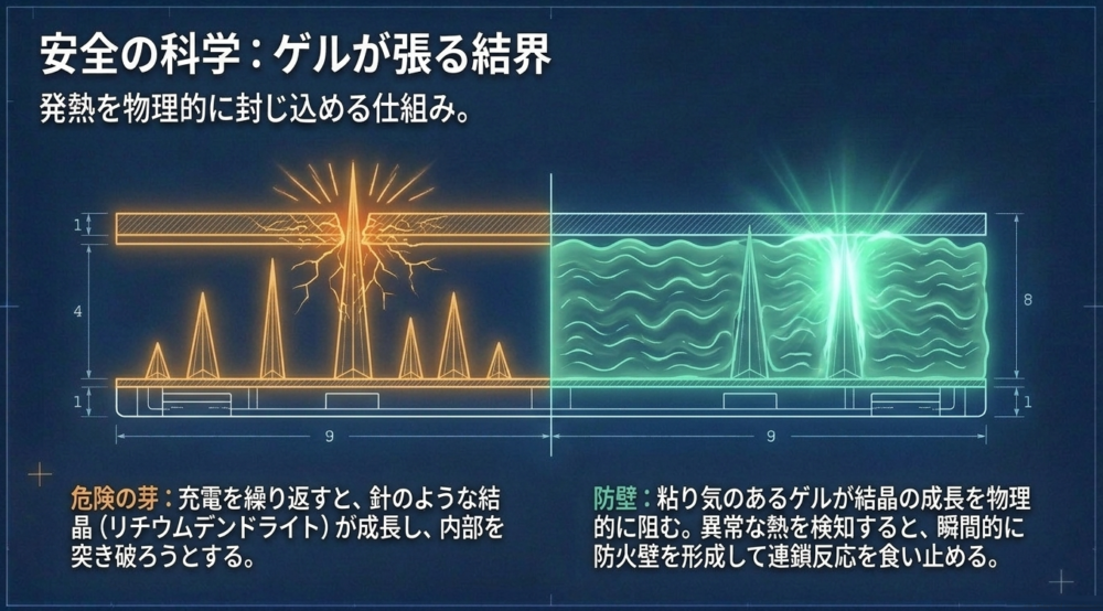 リチウムデンドライトの成長をゲルが物理的に防ぎ、異常な熱に対して防火壁を形成する仕組みの図解