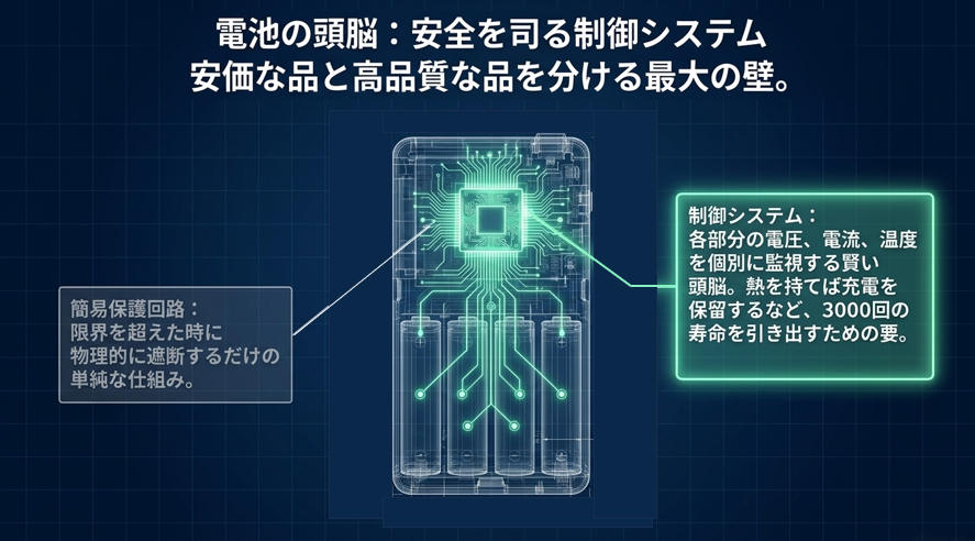 モバイルバッテリー内部の基板図解と、電圧や温度を個別に監視する制御システムの解説
