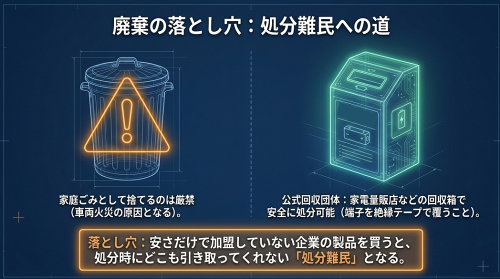 家庭ごみ廃棄の危険性を促すゴミ箱の警告マークと、家電量販店にある小型充電式電池リサイクルBOXのイラスト
